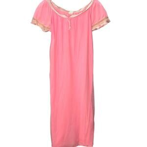 Vintage Julius Nylon Sheer Overlay Nightgown Pink Short Sleeve Size M 70s